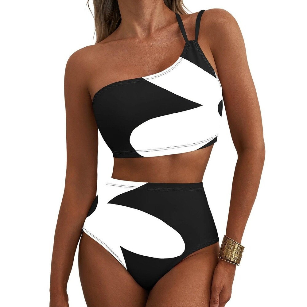 Herseas Women Bikini Set One Shoulder High Waisted Tummy Control Black White M